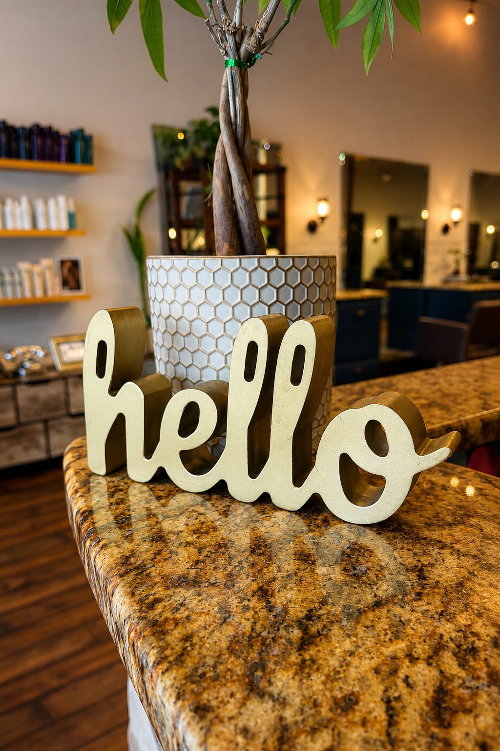 The hello sign inside Hello Beauty Shop